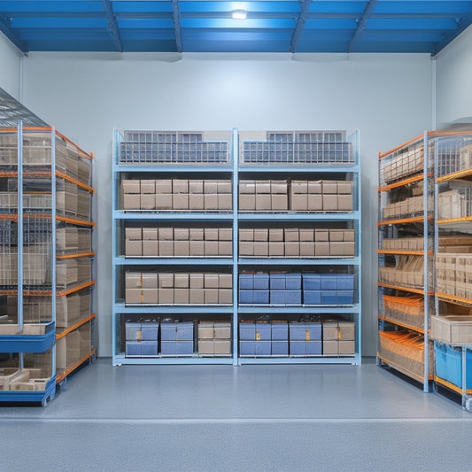 A clutter-free warehouse with 7 parts bin shelving units, each with 5-7 bins of varying sizes, arranged against a light-gray wall, with a few bins slightly ajar, revealing organized small parts and tools.