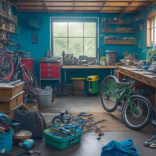 A cluttered garage interior with a messy workbench, scattered tools, and stacked boxes, surrounded by cobwebs, with a few bicycles and a lawn mower buried beneath the chaos.
