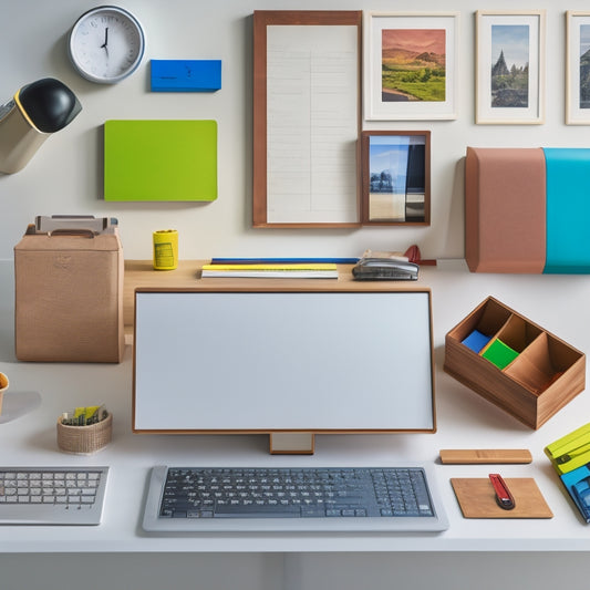 A tidy, modern workspace with a wooden desk, a sleek laptop, and a few carefully arranged organizational tools: a colorful paper tray, a small whiteboard, and a set of stacked, labeled folders.