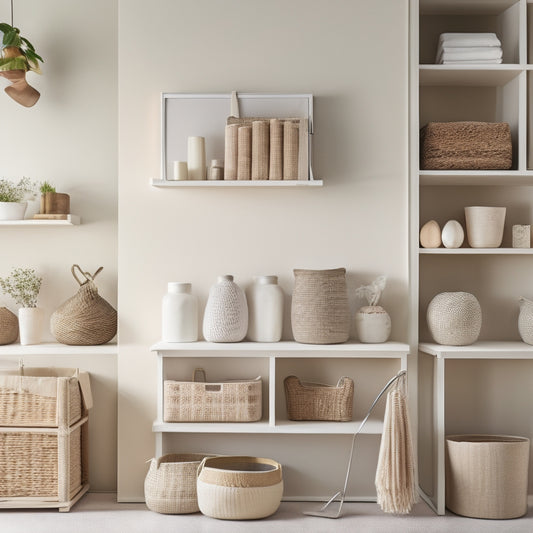 A serene, minimalist room with a neutral-colored backdrop, featuring a mix of woven baskets, wooden crates, and sleek shelves, showcasing organized storage of various accessories, with plenty of negative space.