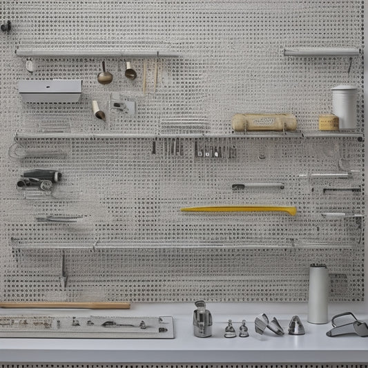 A well-organized pegboard with various tools and accessories hung neatly, against a clean white background, with a few screws and a level lying nearby, surrounded by subtle shadows and soft lighting.