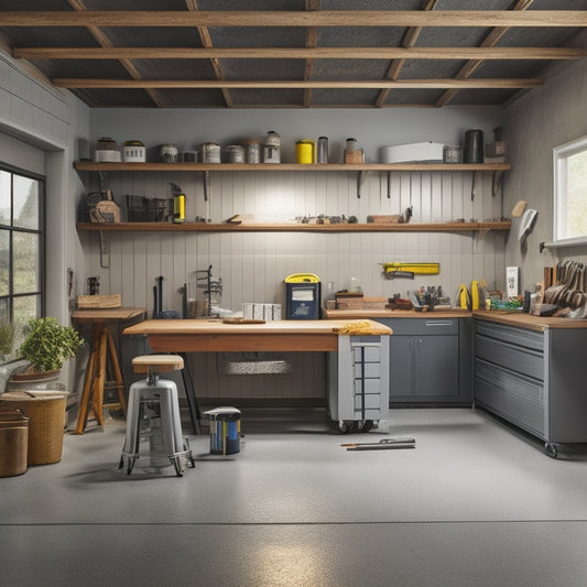 A well-lit garage interior with a gray concrete floor, featuring a fold-down workbench with a wooden countertop, metal legs, and built-in storage bins, surrounded by tools and equipment.