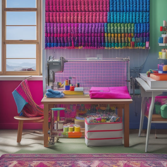 A vibrant, clutter-free sewing room with rainbow-colored threads and yarns coiled on a pegboard, surrounded by stacked fabric cubes, a tidy cutting mat, and a few scattered sewing machine feet.