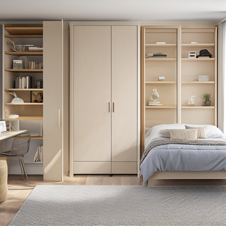 A minimalist bedroom with a Murphy bed, hidden closet, and multi-tiered shelving units, showcasing clever storage solutions amidst a calming, neutral-colored backdrop with minimal decorative accents.