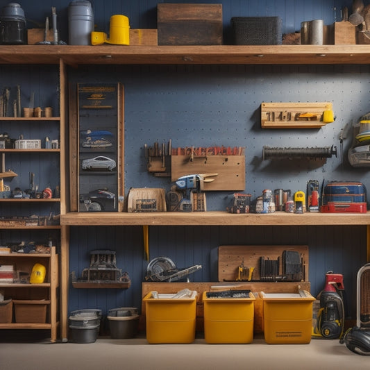 A garage interior with a large, wall-mounted pegboard displaying various tools and accessories, including a cordless drill, level, and bins, surrounded by a tidy workbench and organized shelving.