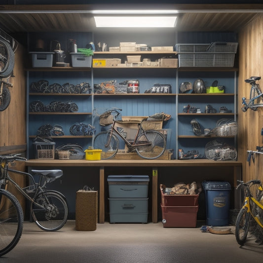 A dimly lit, cluttered garage with scattered tools, bicycles, and storage bins, contrasted with a clean, organized section featuring custom shelving, cabinets, and a slatwall with hooks and bins.