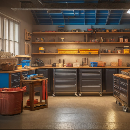 A well-lit garage interior with three rolling workbenches, each with 2-3 drawers of varying sizes, metal frames, and wooden or laminate tops, surrounded by organized tools and storage bins.