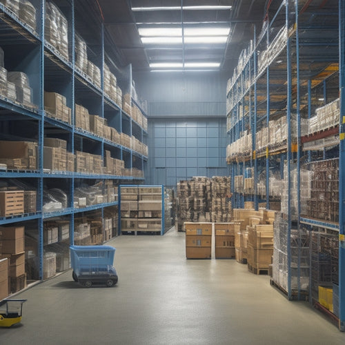 A tidy warehouse scene with 5-tier metal shelving units in the background, surrounded by labeled bins and crates, with a few scattered tools and machinery parts on the shelves.