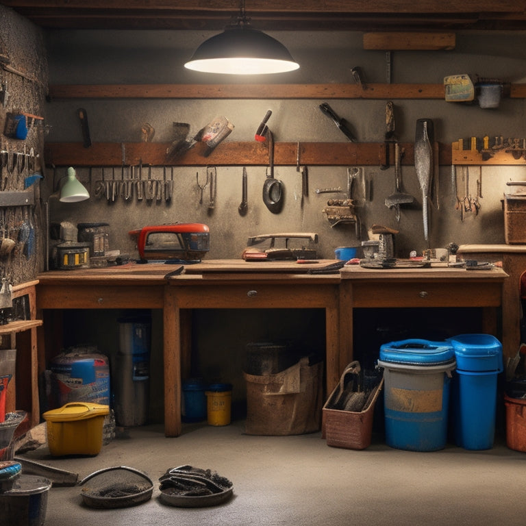 A messy garage workshop with scattered tools, transitioning to an organized space with labeled bins, pegboards, and a toolbox, showcasing various DIY storage hacks.