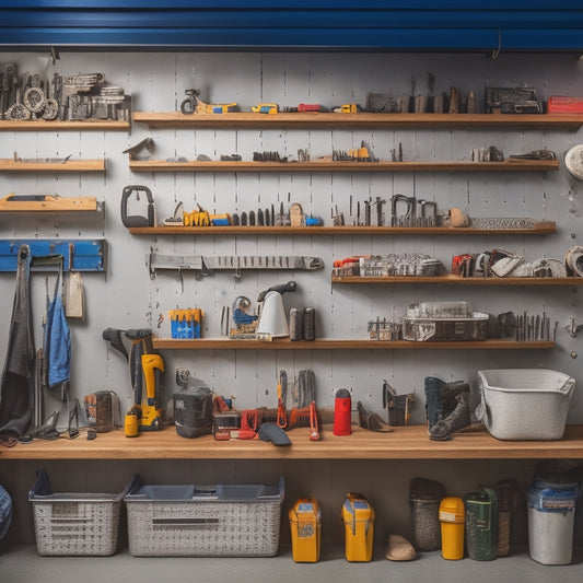 A well-organized garage with a pegboard, hooks, and bins, featuring a variety of tools, including wrenches, hammers, and drills, arranged in a tidy and accessible manner.