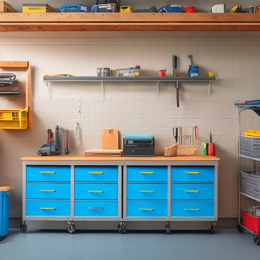 A tidy garage workshop with a wall-mounted pegboard holding various tools, a labeled cabinet with compartments, and a rolling toolbox with drawers, set against a clean gray background.