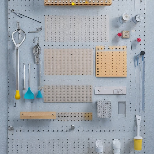 A pegboard with various socket holders in different shapes, sizes, and materials, arranged in a visually appealing way, with tools and sockets scattered around, against a clean white or light-gray background.