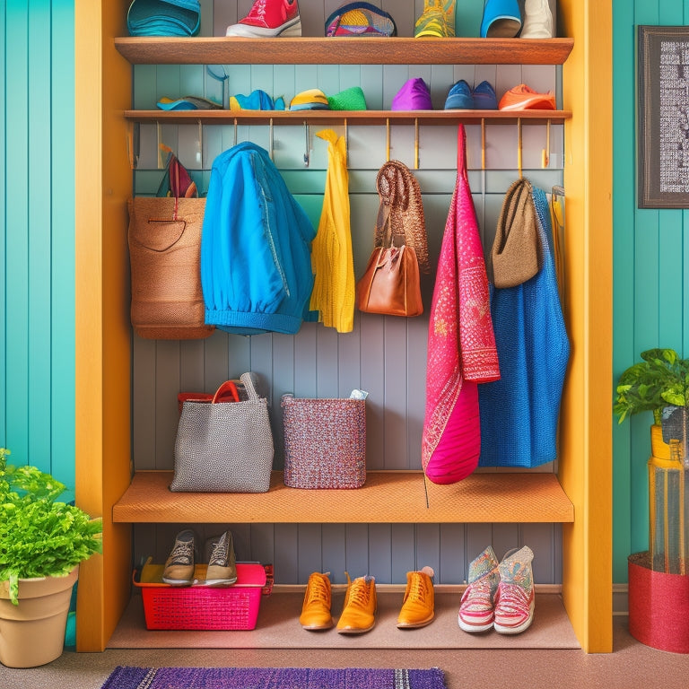 A colorful and organized mudroom with a pegboard on a wall, adorned with hooks, bins, and baskets, holding various accessories like backpacks, hats, and jackets, surrounded by a bench and a few shoes.