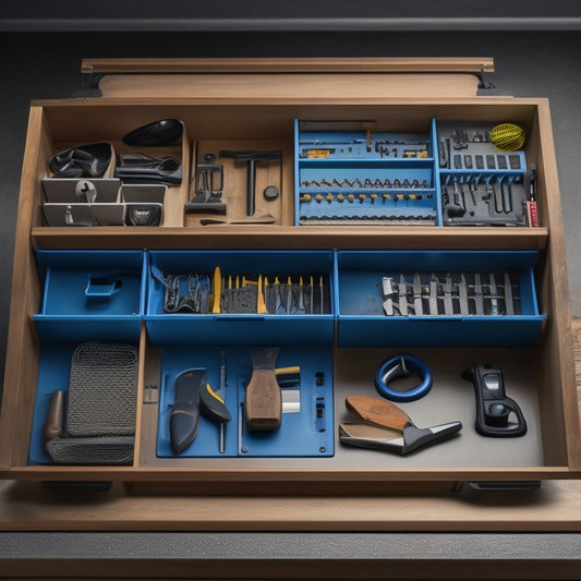 A neatly arranged tool box with dividers, socket organizers, and small-part storage bins, surrounded by a clean and clutter-free workbench, with a few well-placed tools and a faint grid pattern on the surface.