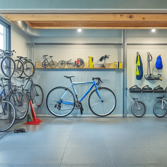 A well-organized garage interior with sleek, silver hanging racks, adorned with neatly arranged bicycles, helmets, and tools, against a clean, gray concrete wall and a polished, epoxy-coated floor.