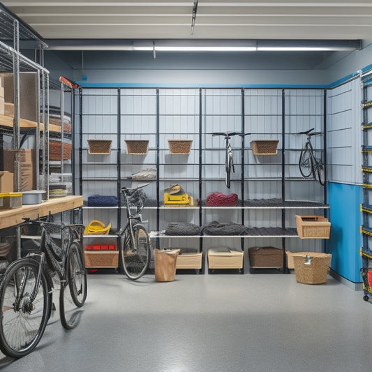 A well-organized garage with slatted shelving units, baskets, and bins in various sizes, surrounded by bicycles, tools, and storage containers, with a sleek and modern epoxy-coated floor.