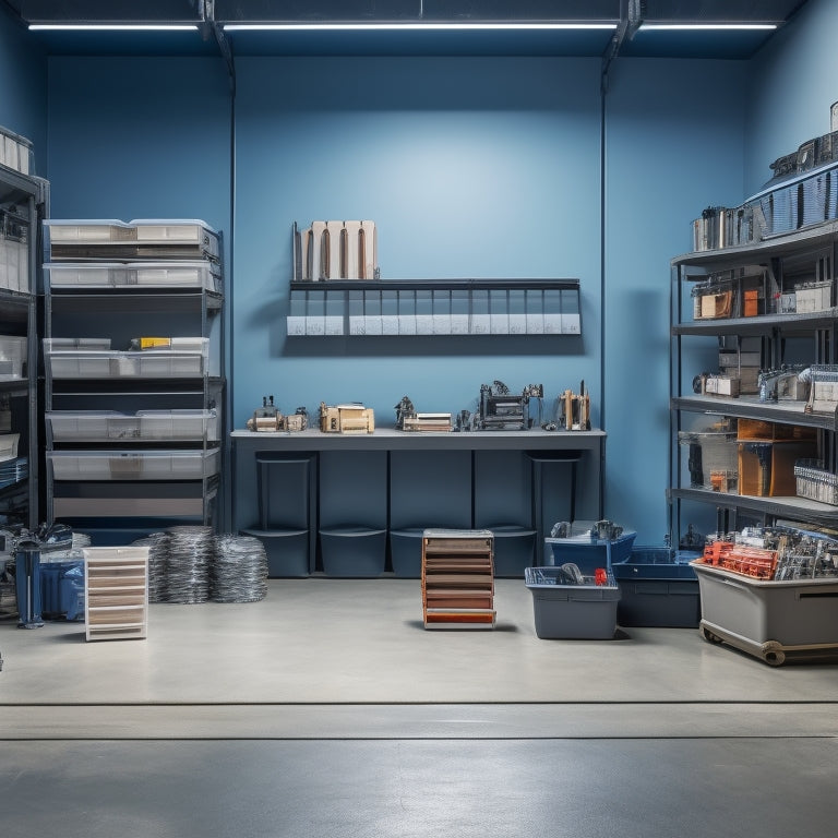 A tidy workshop with rows of stacked, transparent storage bins in various sizes, filled with organized mechanical parts, tools, and accessories, against a clean, gray concrete background.