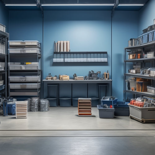 A tidy workshop with rows of stacked, transparent storage bins in various sizes, filled with organized mechanical parts, tools, and accessories, against a clean, gray concrete background.