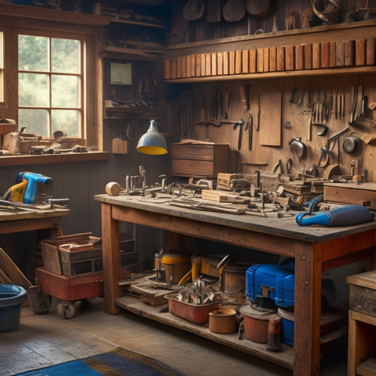 A cluttered carpenter's workshop with scattered tools and materials, contrasted with a tidy, organized workspace featuring a custom tool storage solution with labeled compartments and a satisfied carpenter in the background.