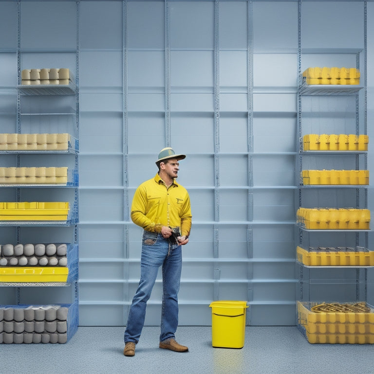 An illustration of a person holding a level, standing in front of a blank wall with three bins of varying sizes, surrounded by scattered screws, a drill, and a measuring tape.