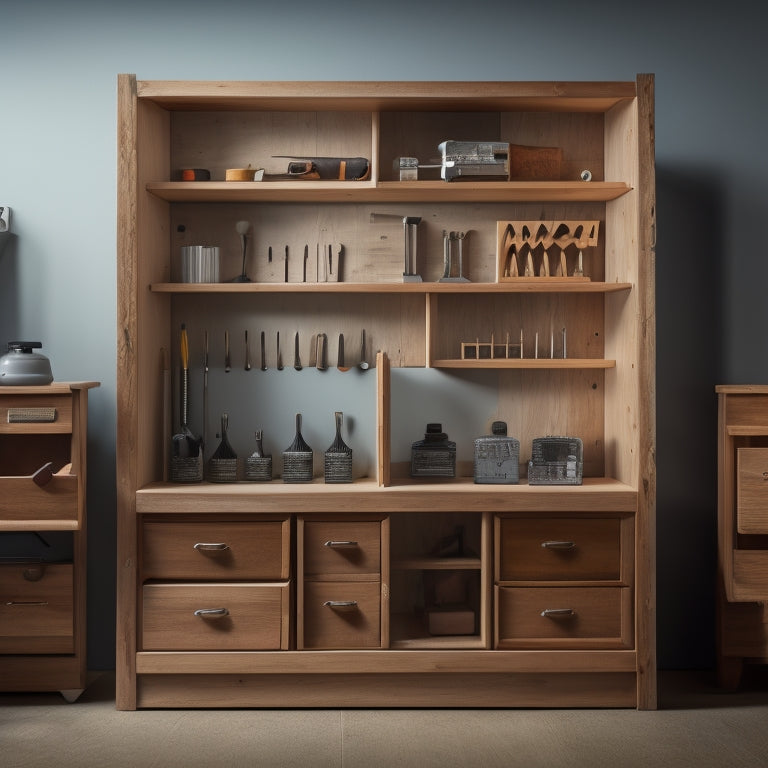 A wooden cabinet with multiple drawers and shelves, filled with various DIY tools and equipment, against a light-gray background with a subtle wooden texture, illuminated by soft, warm lighting.