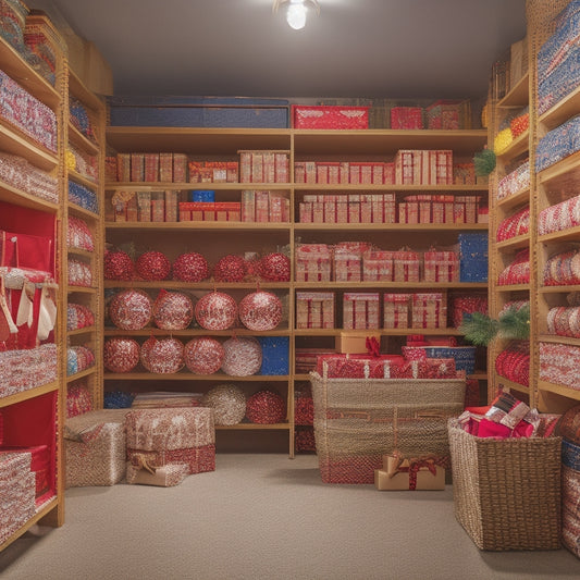 An organized storage room with labeled bins, ornament-filled compartments, and neatly wrapped garlands, surrounded by festive holiday decorations, with a few empty boxes waiting to be filled.