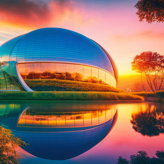 A futuristic, curved building with iridescent glass panels reflecting a vibrant cityscape, surrounded by lush greenery and sleek, minimalist furniture, set against a warm, golden sunset background.