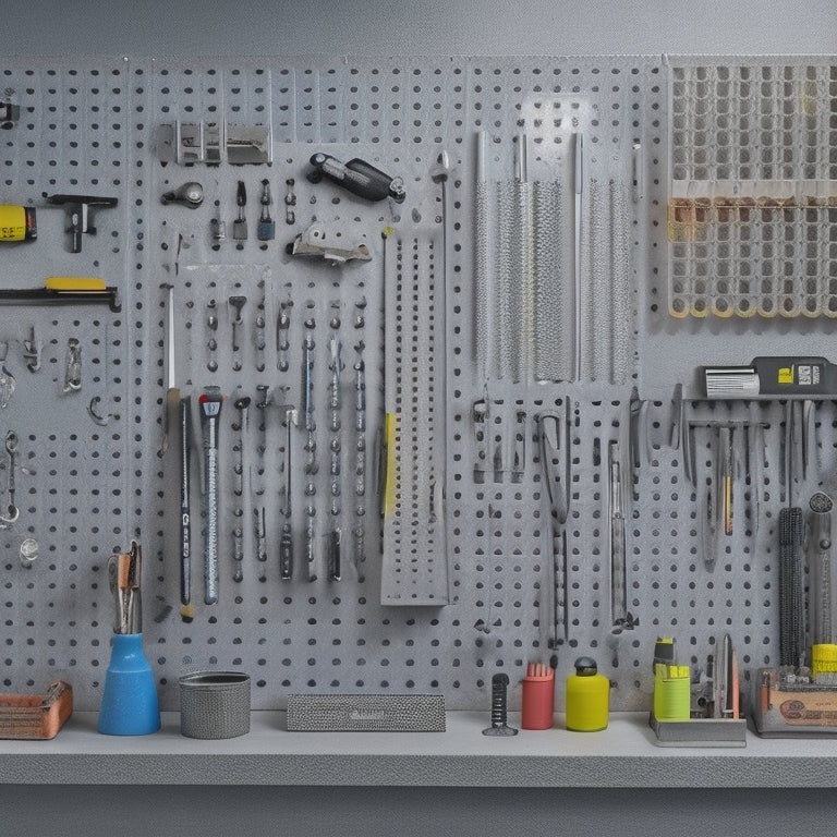 A well-organized pegboard with various tool holders and accessories, including a hammer hook, screwdriver organizer, and small parts bins, against a clean, light-gray background with subtle shadows.