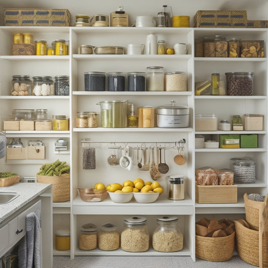 A tidy pantry with a Lazy Susan turntable, a pegboard with hanging baskets, and a shelf with stacked, labeled canisters and a utensil organizer attached to the side.
