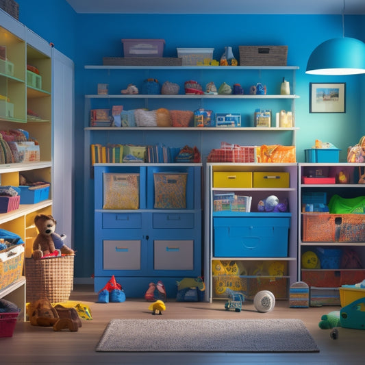 A tidy, well-lit room with a mix of 5-7 plastic storage bins in various shapes, sizes, and colors, arranged neatly on shelves and around the floor, with a few toys, books, and clothes peeking out.