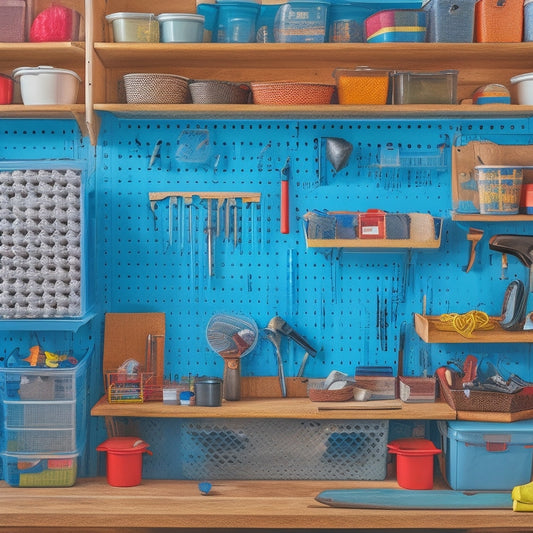 A clutter-free workshop with a pegboard adorned with neatly arranged tools, baskets, and bins, alongside a workbench with labeled drawers and a shelf with stacked, colorful plastic containers.