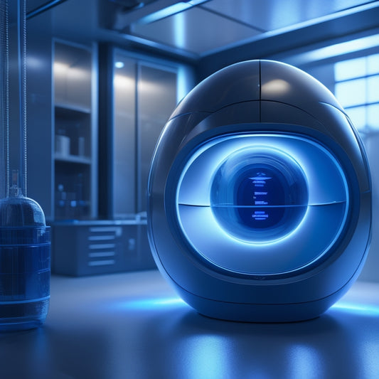 A futuristic, sleek, and silver storage pod with retractable handles, glowing blue accents, and a transparent glass top, surrounded by swirling blueprints and futuristic tools in a dimly lit laboratory.