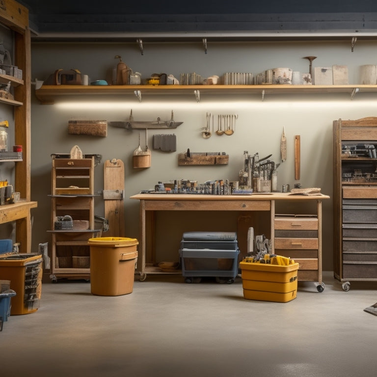 A clutter-free workshop with various tool carts of different sizes, styles, and materials, each surrounded by organized tools and equipment, set against a clean, well-lit, and neutral-colored background.