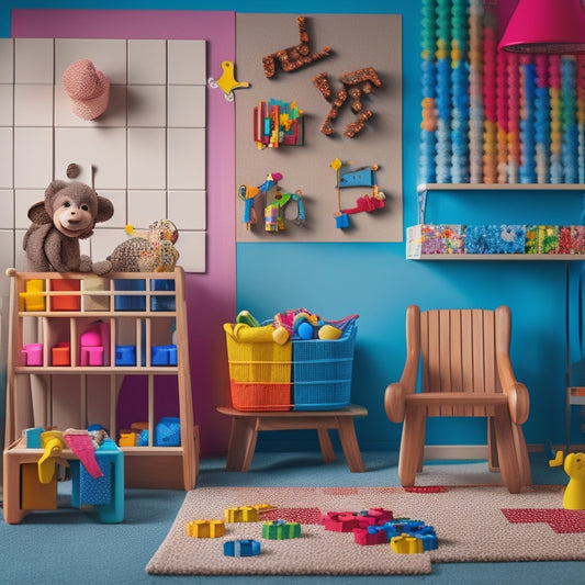 A bright, clutter-free playroom background with a monkey-shaped pegboard as the centerpiece, surrounded by colorful pegs, wooden blocks, and toys, with a few scattered puzzle pieces and a tiny chair in the distance.