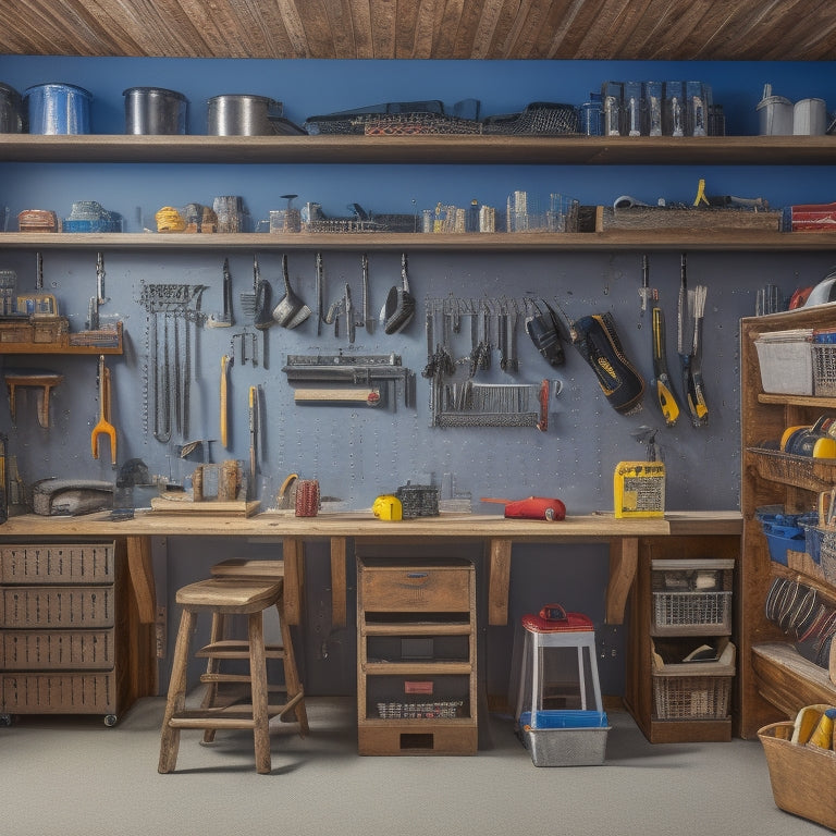 A well-organized garage with a pegboard on the wall, holding various tools and accessories, and a few storage bins and shelves nearby, with a few tools laid out on a workbench in the foreground.