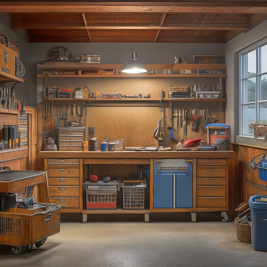 A well-lit, clutter-free garage workshop with a large, silver metal tool chest in the center, surrounded by neatly organized tools and machinery, with a few drawers slightly ajar.