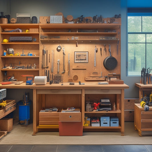 A tidy workshop with a wooden workbench featuring three distinct drawer systems: a ball-bearing slide system with transparent drawers, a soft-close system with labeled dividers, and a customizable pegboard system.