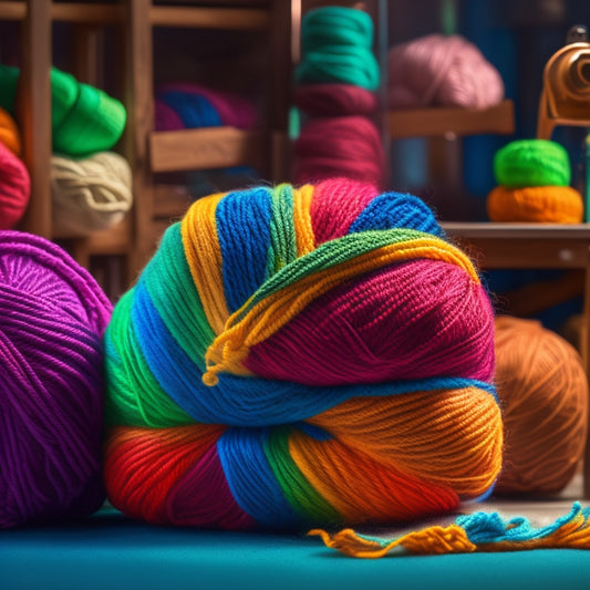 A loom with vibrant, colorful yarns wrapped around its wooden frame, surrounded by soft, chunky blankets in various stages of completion, with a few fluffy balls of yarn scattered around.