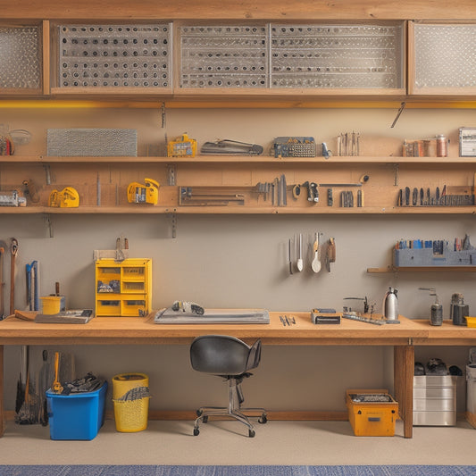 A clutter-free workshop with a pegboard on the wall, adorned with rows of hanging tools, alongside a rolling cabinet with drawers and a portable toolbox on the floor, surrounded by scattered tools and workpieces.