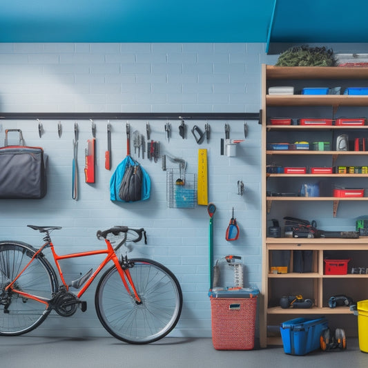 A tidy garage with a large, sleek pegboard mounted on a gray wall, adorned with various tools, bins, and accessories in an organized and colorful arrangement, surrounded by a few bicycles and a workbench.