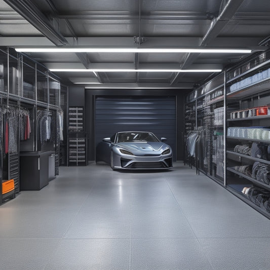 A well-organized garage interior with a sleek, black sports car parked in the center, surrounded by customized storage solutions, including floor-to-ceiling shelves, hooks, and bins in a metallic and carbon fiber aesthetic.