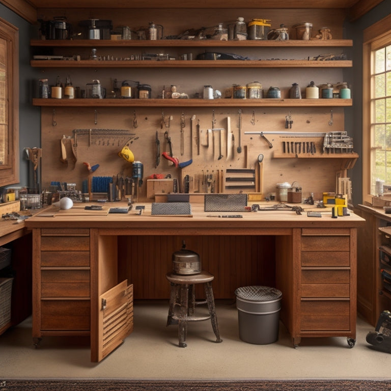 A clutter-free workshop with a sturdy, wooden workbench featuring multiple drawers, cabinets, and pegboards, surrounded by neatly organized tools, screws, and DIY project components.