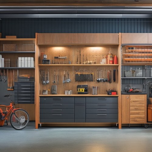 A garage interior with various wall-mounted cabinets made of different materials: sleek metal, rich wood, modern MDF, and durable polymer, showcasing their distinct textures and finishes, with tools and accessories neatly organized inside.