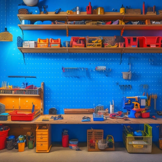 A well-lit, organized workshop with a large, wall-mounted pegboard featuring a variety of colorful hooks, bins, and tools, surrounded by a tidy workbench and a few DIY projects in progress.