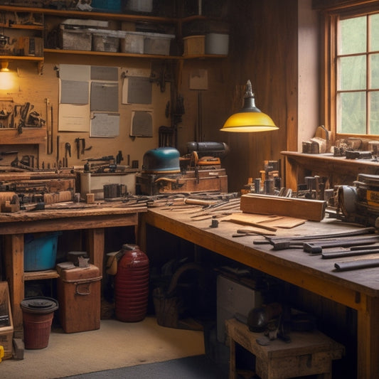 A cluttered woodworking shop with tools scattered across workbenches, half-finished projects strewn about, and a calendar on the wall with crossed-out deadlines and scribbled notes.