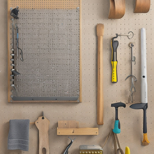 A well-organized pegboard with a wooden or metal background, featuring three distinct hooks: a large, curved hook for holding a cordless drill, a small, angled hook for storing a level, and a sturdy, U-shaped hook for hanging a hammer.