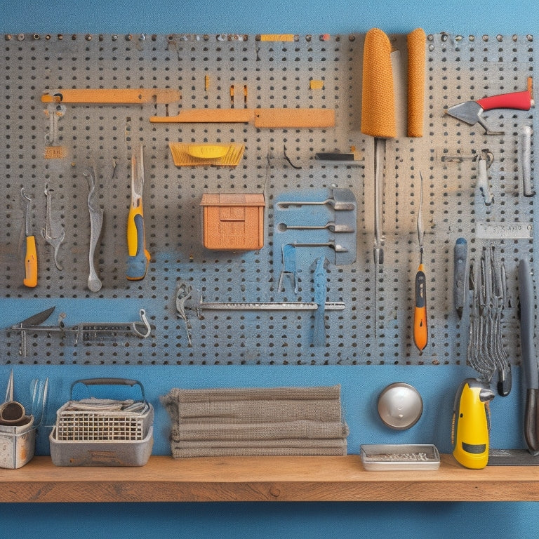 A well-organized pegboard with various tools and accessories, including wrenches, pliers, screwdrivers, and bins, hung from hooks and pegs, set against a clean, gray background with subtle shadows.