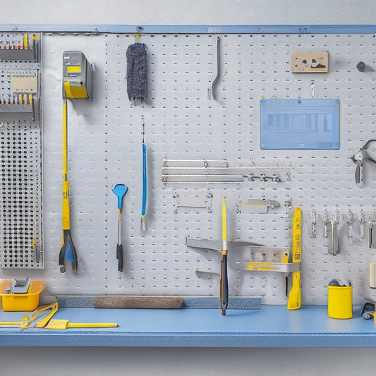 A clutter-free workshop with a modular, pegboard-style wall panel featuring various tool holders, hooks, and bins, showcasing a drill, wrench, pliers, and screwdrivers, against a clean, grey background.