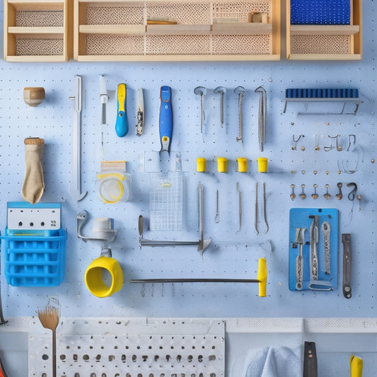 A brightly lit, well-organized pegboard with various tools and accessories, such as hammers, screwdrivers, and bins, hanging neatly from hooks and pegs, set against a clean, white background.
