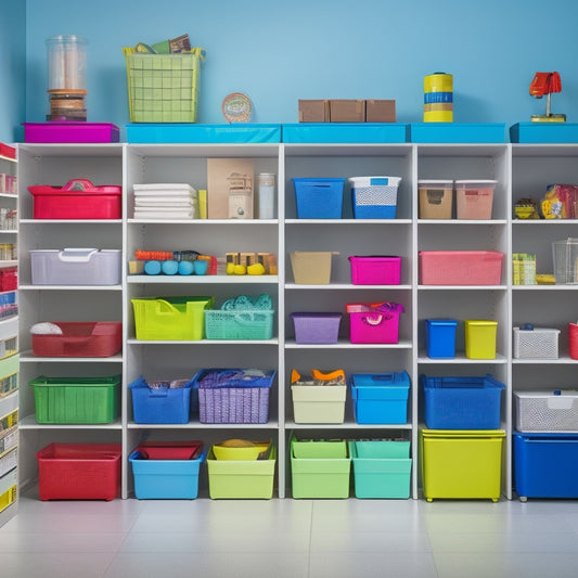 A colorful, neatly organized shelving unit with 5 identical bins, each containing a different category of items (e.g., toys, office supplies, kitchen utensils), with slight gaps between bins.